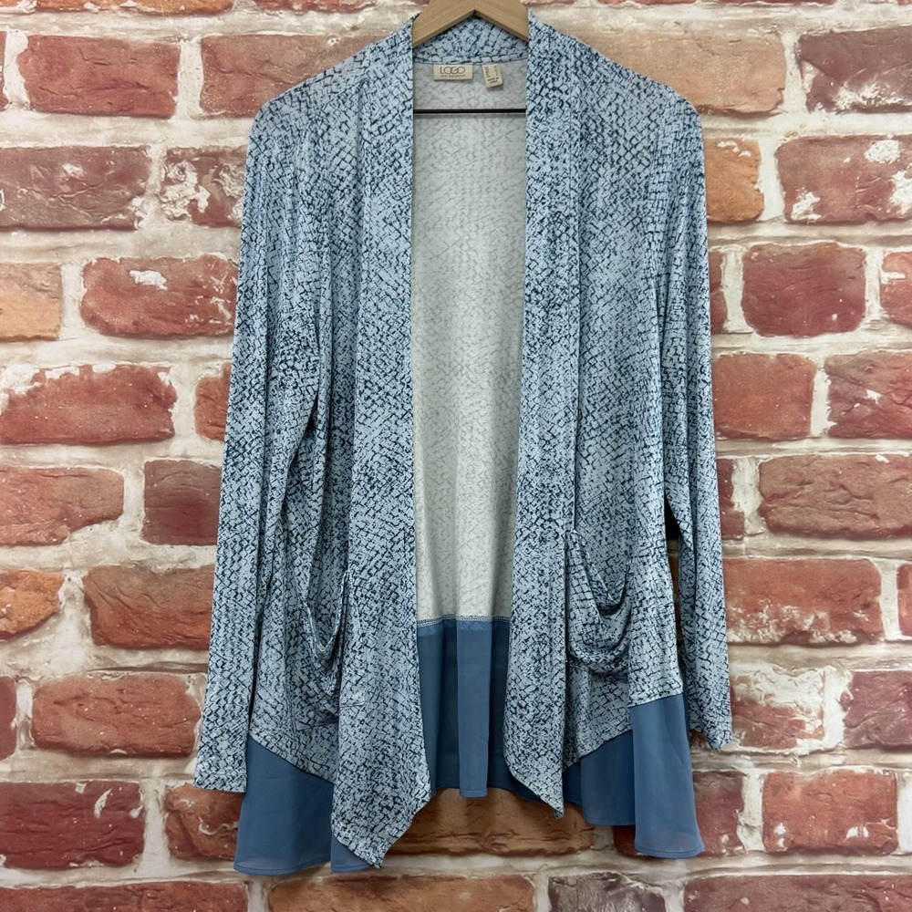 Logo Lori Goldstein Shrug Top Women's M Blue Abstract Sheer Trim Shirt Topper